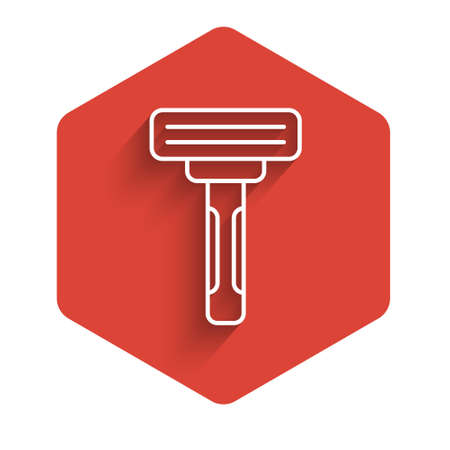 White line Shaving razor icon isolated with long shadow background. Red hexagon button. Vectorのイラスト素材