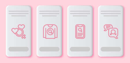 Set line Female gender, Feminist shirt, Dating app and Gender equality. White rectangle button. Vectorのイラスト素材