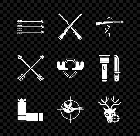 Set Hipster arrows, Two crossed shotguns, Gun shooting, Cartridges, Hunt on duck with crosshairs, deer, Crossed and Moose horns shield icon. Vectorのイラスト素材