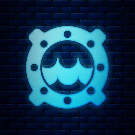Glowing neon Ship porthole with rivets and seascape outside icon isolated on brick wall background. Vectorのイラスト素材
