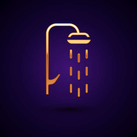 Gold Shower head with water drops flowing icon isolated on black background. Vectorのイラスト素材