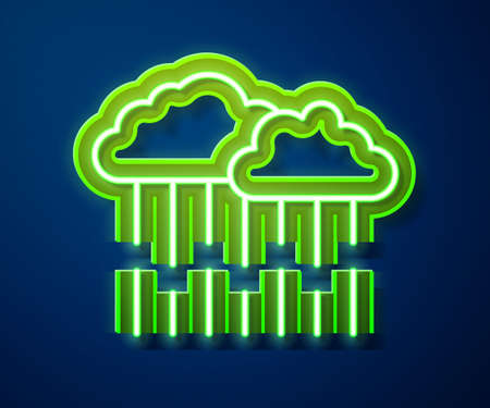 Glowing neon line Cloud with rain icon isolated on blue background. Rain cloud precipitation with rain drops. Vectorのイラスト素材