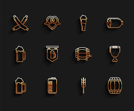 Set line Glass of beer, Beer can, Crossed sausage, Cereals set with rice, wheat, corn, oats, rye, barley, Wooden barrel, Street signboard glass, Chicken leg and on rack stopcock icon. Vectorのイラスト素材