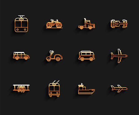 Set line Old retro vintage plane, Trolleybus, Tram and railway, Cargo ship, Plane, Scooter, and Retro minivan icon. Vectorのイラスト素材