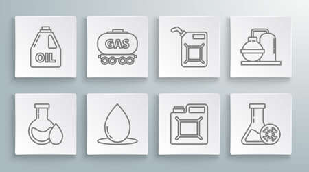 Set line Oil petrol test tube, Gas railway cistern, drop, Canister for gasoline, Antifreeze, and industrial factory building and motor machine oil icon. Vectorのイラスト素材