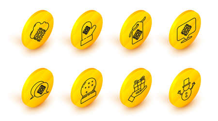 Set line Christmas snowman, Gift box in hand, globe with fallen, Snowflake speech bubble, Price tag inscription Sale, mitten and Cloud icon. Vectorのイラスト素材