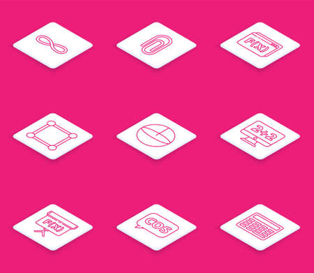 Set line Function mathematical symbol, Book with word mathematics, Geometric figure Pentagonal prism, Chalkboard diagram, Calculator, Graph, schedule, chart,, Cube and Tablet calculator icon. Vectorのイラスト素材