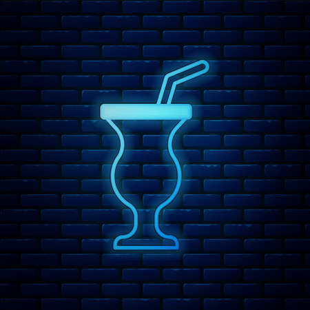 Glowing neon Milkshake icon isolated on brick wall background. Plastic cup with lid and straw. Vectorのイラスト素材