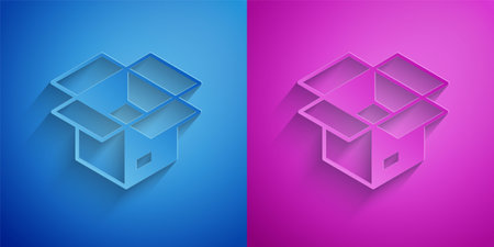 Paper cut Unboxing icon isolated on blue and purple background. Paper art style. Vectorのイラスト素材