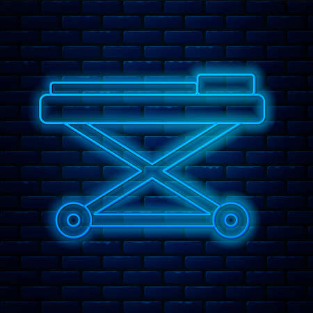 Glowing neon line Stretcher icon isolated on brick wall background. Patient hospital medical stretcher. Vectorのイラスト素材