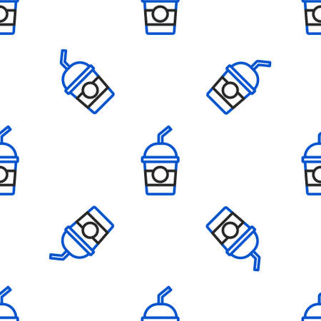 Line Milkshake icon isolated seamless pattern on white background. Plastic cup with lid and straw. Colorful outline concept. Vectorのイラスト素材