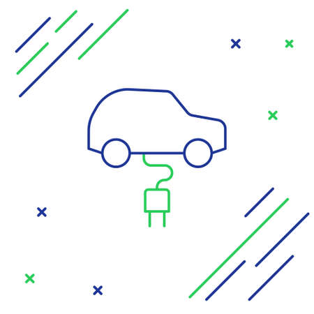 Line Electric car and electrical cable plug charging icon isolated on white background. Renewable eco technologies. Colorful outline concept. Vectorのイラスト素材