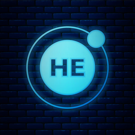Glowing neon Helium chemical element icon isolated on brick wall background. Helium periodic table element chemistry symbol. Vectorのイラスト素材