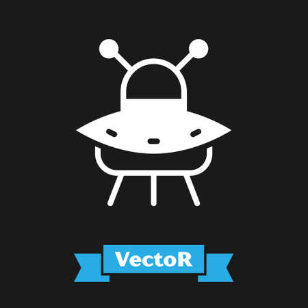 White UFO flying spaceship icon isolated on black background. Flying saucer. Alien space ship. Futuristic unknown flying object. Vectorのイラスト素材