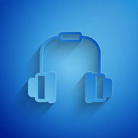 Paper cut Headphones icon isolated on blue background. Earphones. Concept for listening to music, service, communication and operator. Paper art style. Vectorのイラスト素材