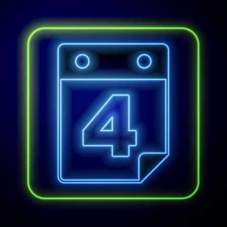 Glowing neon Day calendar with date July 4 icon isolated on blue background. USA Independence Day. 4th of July. Vectorのイラスト素材