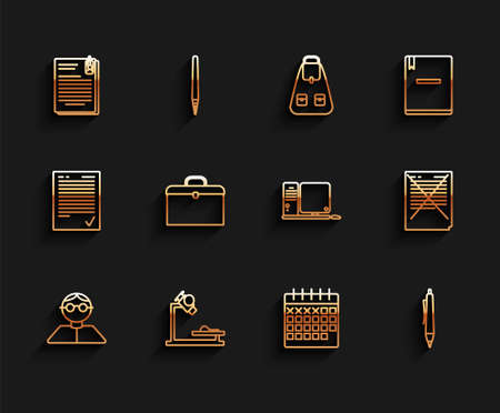 Set line Student, Microscope, File document and paper clip, Calendar, Pen, Briefcase, Exam with incorrect answers survey and Computer monitor keyboard mouse icon. Vectorのイラスト素材