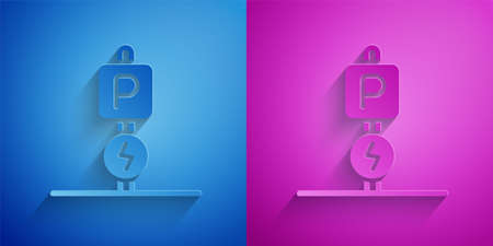 Paper cut Charging parking electric car icon isolated on blue and purple background. Paper art style. Vectorのイラスト素材