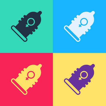 Pop art Condom safe sex icon isolated on color background. Safe love symbol. Contraceptive method for male. Vectorのイラスト素材