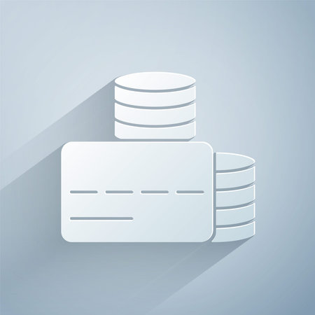 Paper cut Credit card icon isolated on grey background. Online payment. Cash withdrawal. Financial operations. Shopping sign. Paper art style. Vectorのイラスト素材