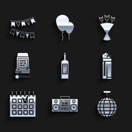 Set Bottle of wine, Home stereo with two speakers, Disco ball, Lighter, Detailed calendar, Karaoke, Bouquet flowers and Carnival garland flags icon. Vectorのイラスト素材