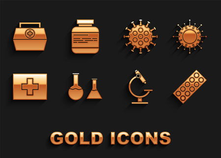 Set Test tube and flask, Virus, Pills in blister pack, Microscope, First aid kit, and Medicine bottle pills icon. Vectorのイラスト素材