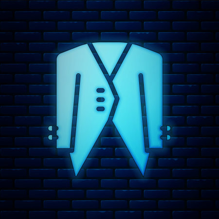 Glowing neon Suit icon isolated on brick wall background. Tuxedo. Wedding suits with necktie. Vectorのイラスト素材