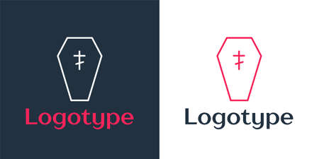 Logotype line Coffin with christian cross icon isolated on white background. Happy Halloween party. Logo design template element. Vectorのイラスト素材