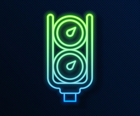 Glowing neon line Gauge scale icon isolated on blue background. Satisfaction, temperature, manometer, risk, rating, performance, speed tachometer. Vectorのイラスト素材