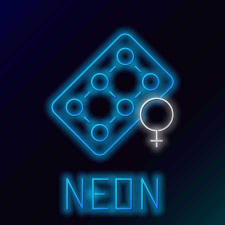 Glowing neon line Packaging of birth control pills icon isolated on black background. Contraceptive pill. Colorful outline concept. Vectorのイラスト素材