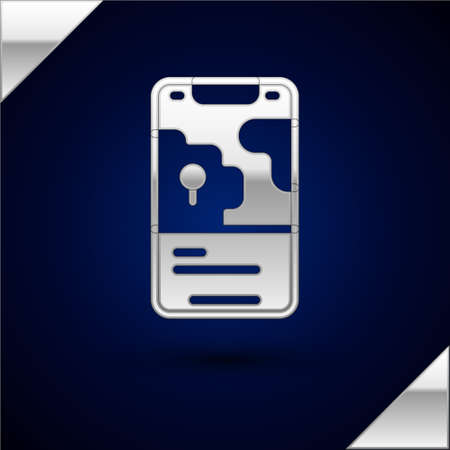 Silver Infographic of city map navigation icon isolated on dark blue background. Mobile App Interface concept design. Geolacation concept. Vectorのイラスト素材