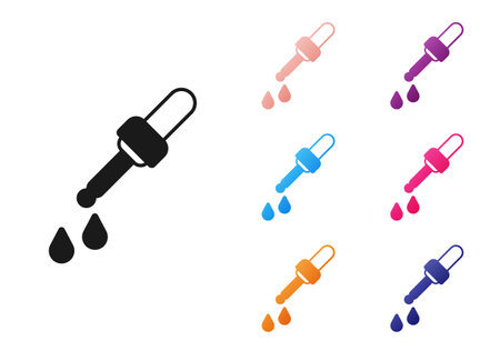 Black Pipette icon isolated on white background. Element of medical, chemistry lab equipment. Medicine symbol. Set icons colorful. Vectorのイラスト素材