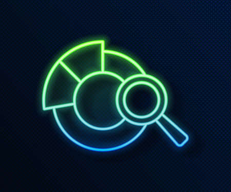 Glowing neon line Magnifying glass and data analysis icon isolated on blue background. Search sign. Vectorのイラスト素材