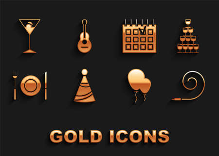 Set Party hat, Wine glasses stacked in pyramid tower, Birthday party horn, Balloons with ribbon, Plate, fork and knife, Detailed calendar, Martini and Guitar icon. Vectorのイラスト素材