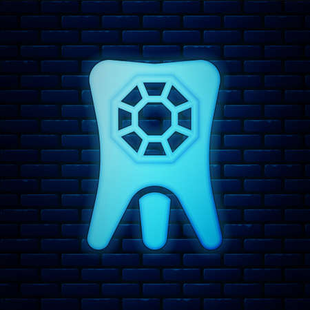 Glowing neon Tooth with diamond icon isolated on brick wall background. Vectorのイラスト素材