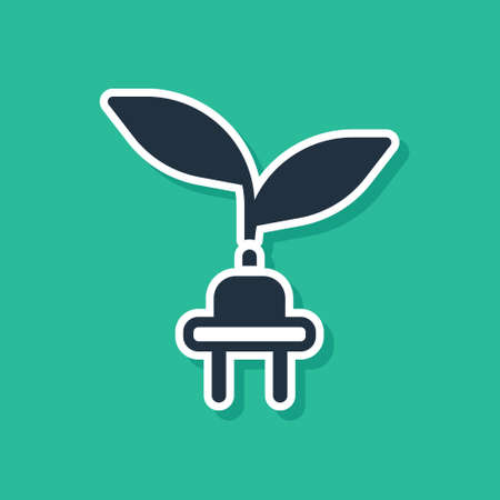 Blue Electric saving plug in leaf icon isolated on green background. Save energy electricity. Environmental protection. Bio energy. Vectorのイラスト素材