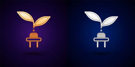 Gold and silver Electric saving plug in leaf icon isolated on black background. Save energy electricity. Environmental protection. Bio energy. Vectorのイラスト素材