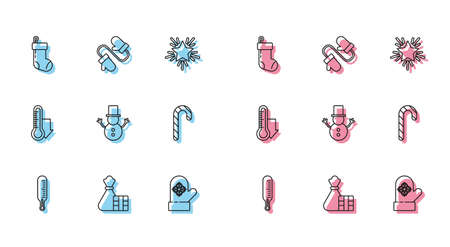 Set line Meteorology thermometer measuring, Gift box and bag, Christmas stocking, mitten, snowman, candy cane with stripes, and Pair of knitted christmas mittens icon. Vectorのイラスト素材