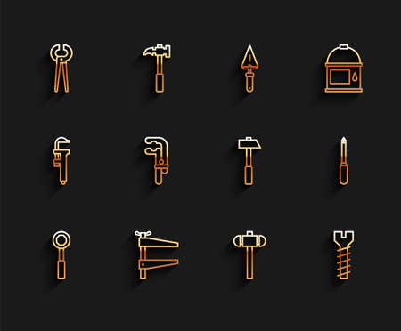 Set line Wrench spanner, Clamp tool, Pincers and pliers, Sledgehammer, Metallic screw, Screwdriver and Hammer icon. Vectorのイラスト素材