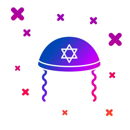 Color Jewish kippah with star of david and sidelocks icon isolated on white background. Jewish yarmulke hat. Gradient random dynamic shapes. Vectorのイラスト素材