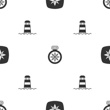 Set Wind rose, Compass and Lighthouse on seamless pattern. Vectorのイラスト素材