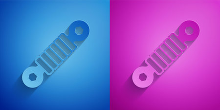 Paper cut Shock absorber icon isolated on blue and purple background. Paper art style. Vector