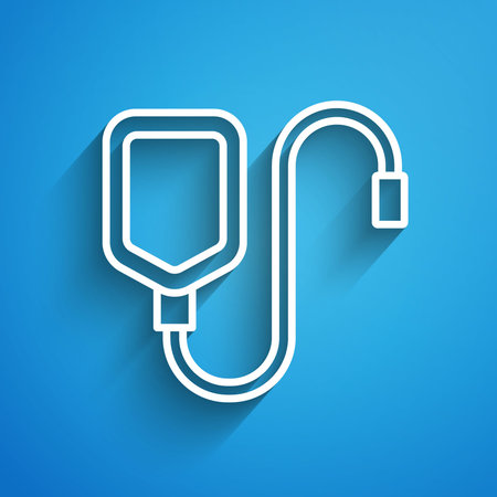 White line IV bag icon isolated on blue background. Blood bag. Donate blood concept. The concept of treatment and therapy, chemotherapy. Long shadow. Vectorのイラスト素材
