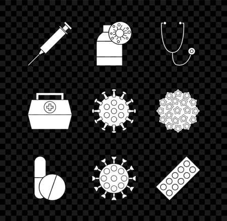 Set Syringe, Bottle with virus, Stethoscope, Medicine pill or tablet, Virus, Pills blister pack, First aid kit and icon. Vectorのイラスト素材