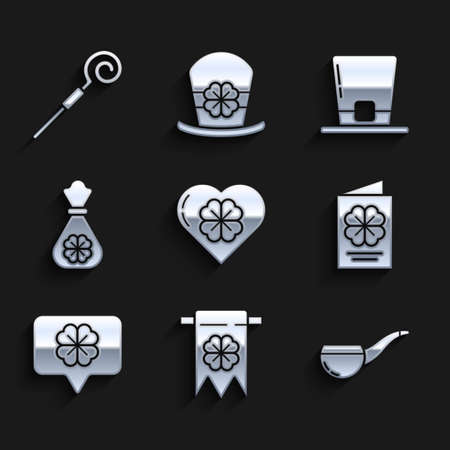 Set Heart with four leaf clover, Four and party pennant, Smoking pipe, Saint Patricks Day flyer, brochure, postcard, speech bubble, Money bag, Leprechaun hat and Walking stick icon. Vectorのイラスト素材