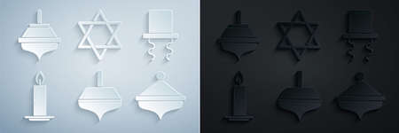 Set Hanukkah dreidel, Orthodox jewish hat with sidelocks, Burning candle in candlestick, Star of David and icon. Vectorのイラスト素材
