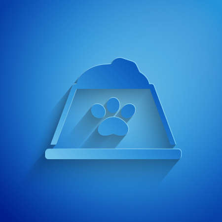Paper cut Pet food bowl for cat or dog icon isolated on blue background. Dog or cat paw print. Paper art style. Vectorのイラスト素材