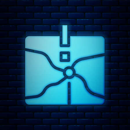 Glowing neon Intersection point icon isolated on brick wall background. Vectorのイラスト素材