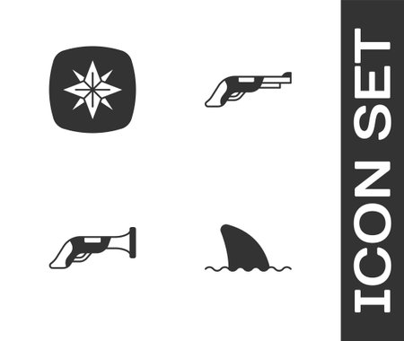 Set Shark fin in ocean wave, Wind rose, Vintage pistol and icon. Vectorのイラスト素材