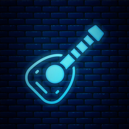 Glowing neon Musical instrument lute icon isolated on brick wall background. Arabic, Oriental, Greek music instrument. Vectorのイラスト素材